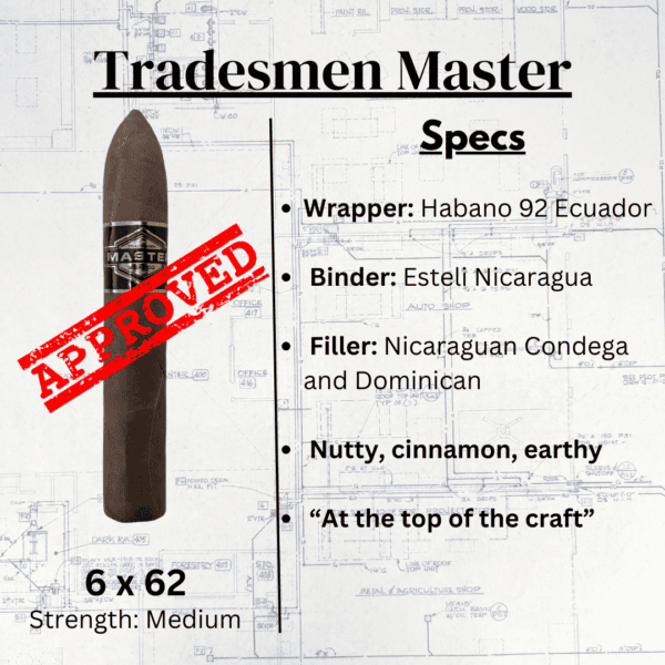 Cigar tasting card listing the specifications of the Tradesmen Master Cigar